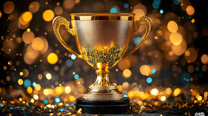 Wall Mural - Golden Trophy Stands Majestically on a Stage with Sparkling Confetti and Bokeh Lights Background.