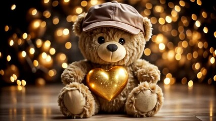 Canvas Print - Valentine's Day. Loop animation of Valentine card with sitting brown Teddy bear wearing hat with golden heart shimmering faintly in festive light and bokeh. Decorative 3d toy for endless footage.