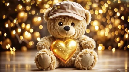 Canvas Print - Valentine's Day. Loop animation of Valentine card with festive sitting brown Teddy bear wearing hat with golden heart shimmering glitter and sparkles in light. Decorative 3d toy for endless footage.