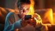 © Chanwit - Thoughtful Woman Relaxing on Cozy Couch Engrossed in Smartphone with Warm Lighting Creating a Calm and Inviting Atmosphere