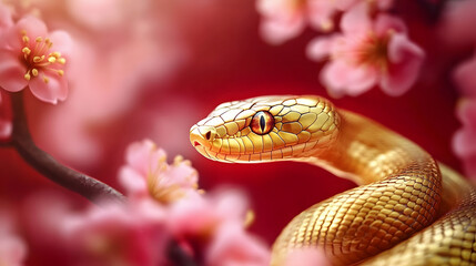 Wall Mural - beautiful golden wavy snake on red background with cherry blossom flowers and asian lanterns. happy 