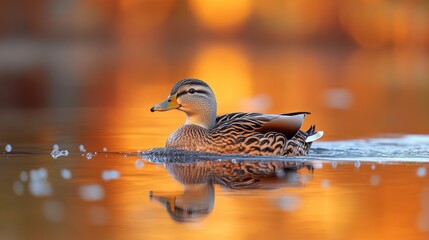 Female mallard duck swimming on calm water at sunset, reflected in the orange water.