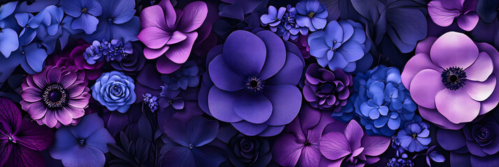Wall Mural - pattern made of dark purple, blue and violet flowers. natural floral background. greeting card for w