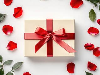 Romantic Valentines gift box with red ribbon surrounded by rose petals for holiday celebration