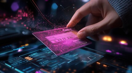 a hand holds a digital card over a glowing interface, showcasing a futuristic, tech-inspired design 