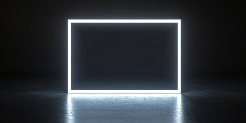 Wall Mural - A black background features a rectangle frame that glows with a bright white neon light, creating a striking contrast that accentuates the frames shape and luminosity.