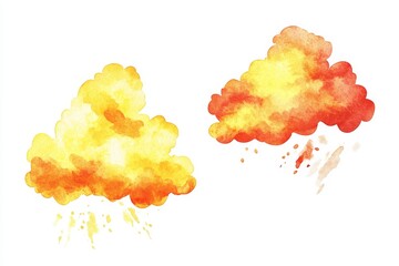 Wall Mural - Two watercolor clouds; one yellow, one orange with rain.