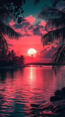 Wall Mural - Silhouetted Palm Trees Against A Colorful Sunset For An Exotic Ramadan Smartphone Wallpaper