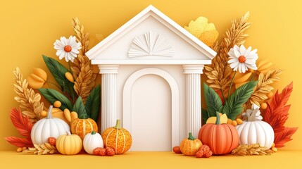 Wall Mural - Autumn Display with White Temple and Colorful Pumpkins and Flowers