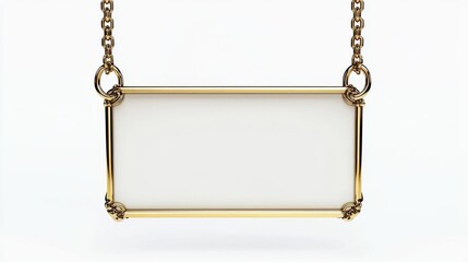 luxury gold empty rectangle sign with 2 chains holding it up on solid white background 