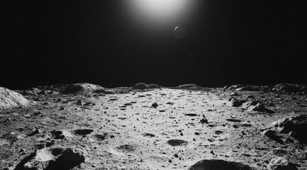 Wall Mural - Lunar surface with bright sun and planet in black and white.