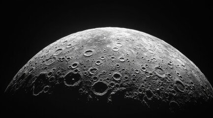 Wall Mural - Close-up grayscale image of a cratered celestial body, possibly a moon or planet, against a black backdrop.