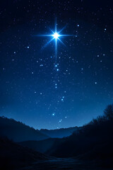 Wall Mural - bright shining star of bethlehem on dark blue starry night sky. star of jesus, christmas star. nativ