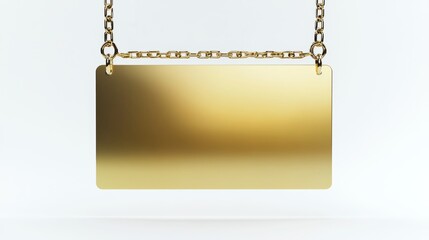 luxury gold empty rectangle sign with 2 chains holding it up on solid white background 