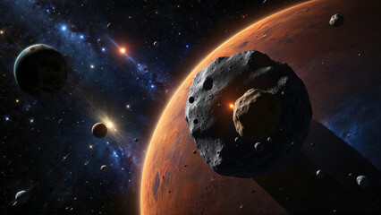 Wall Mural - Asteroids soaring through the vastness of outer space, gracefully navigating past vibrant planets of various sizes and colors