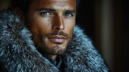 Wall Mural - Close-up portrait of a handsome man with blue eyes wearing a fur collar.