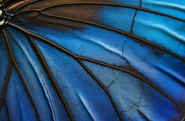 Close-up of the wing texture, showing shades of blue and purple with highlights in red, summer background