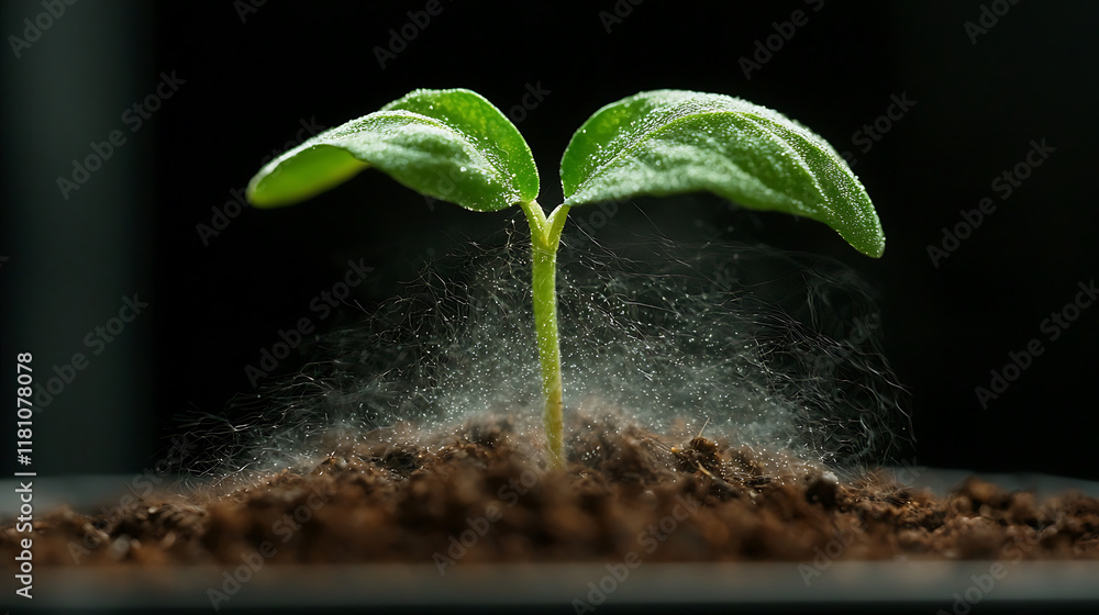 close up of young plant sprouting from rich soil, showcasing vibrant ...