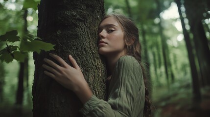 A passionate young woman hugging a tree in the forest, embodying the concept of nature conservation and the fight against deforestation and climate change