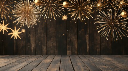 Wall Mural - Golden Fireworks and Bokeh Lights Illuminate Sylvester New Year's Eve Party Celebration on Dark Wooden Wall Texture