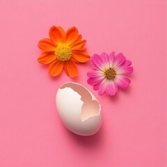 Wall Mural - Cracked eggshell with orange and pink flowers on pink background.