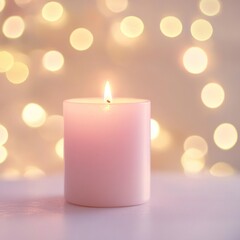 Wall Mural - Pink candle burning brightly against a bokeh background.