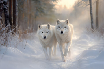  pair of white wolves in the winter forest.