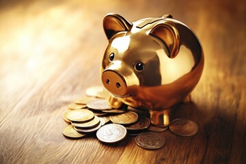 A golden piggy bank sits on a wooden surface surrounded by a pile of gold coins, symbolizing wealth and savings.