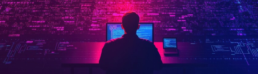 Wall Mural - A person sits in front of a computer, immersed in colorful digital code, symbolizing programming, cybersecurity, or data analysis.