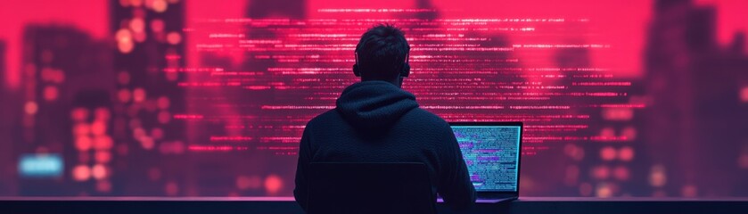 Wall Mural - A silhouette of a person in a hoodie working on a laptop against a vibrant red city backdrop, evoking themes of technology and cyberactivity.