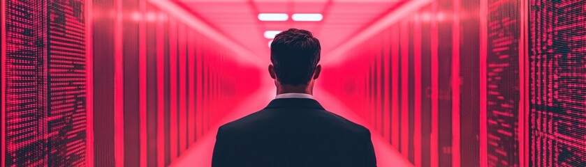 Wall Mural - A person in formal attire stands in a corridor illuminated by red lights, flanked by server racks, suggesting a tech-driven environment.