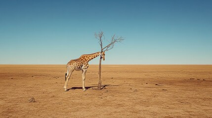 Lonely giraffe near a small tree in a vast arid landscape.