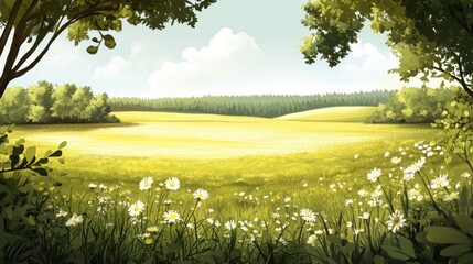 Wall Mural - Lush, sunny meadow with wildflowers and trees framing a vista of a rolling hill landscape.