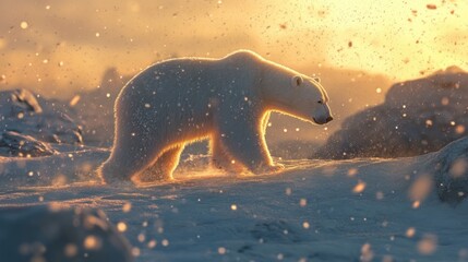 Sticker - Majestic polar bear striding through a snowy landscape at sunrise.