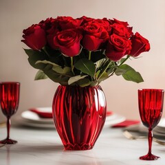 Canvas Print - Red roses in a red glass vase on a table with red glasses.