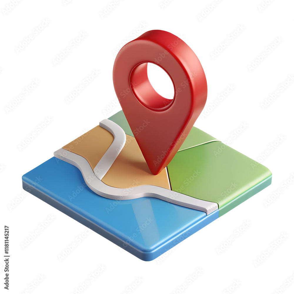 3d map with location symbol. Road, water, city and pointer icon in ...