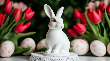 Wall Mural - A whimsical Easter scene of an antique rabbit figurine surrounded by delicate porcelain eggs and fresh tulips on a lace-trimmed table for vintage charm 