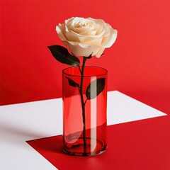 Canvas Print - Single cream rose in a red glass vase on a red and white background.