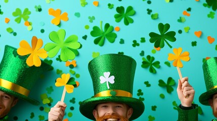 A parade scene with people wearing green costumes, waving Irish flags, and throwing confetti in celebration of St Patrick's Day 