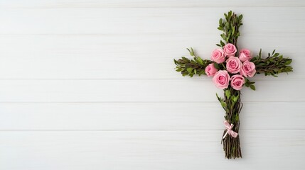 Poster - A cross made of intertwined branches decorated with soft pink roses and satin ribbons, set against a white wooden backdrop for Easter elegance 