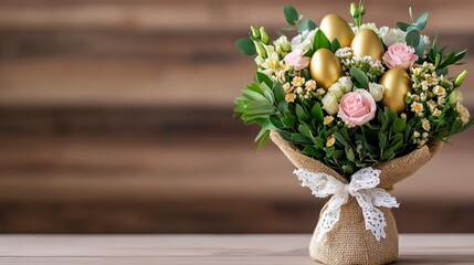 Wall Mural - A beautifully arranged Easter bouquet with pastel flowers, greenery, and golden eggs wrapped in burlap with a lace bow for a vintage look 