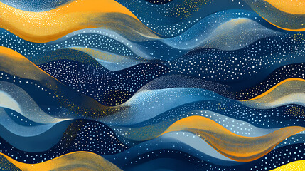 Wall Mural - Abstract Flow: A mesmerizing abstract pattern of swirling waves in shades of blue and gold with subtle white polka dots, evokes a sense of movement and tranquility.