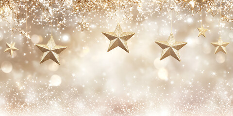Wall Mural - golden starry celebration: elegant gold stars hang against a shimmering, bokeh-filled background, pe