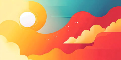 Wall Mural - Abstract Sun & Clouds: An abstract and stylized illustration of a bright, stylized sun and fluffy clouds floating in a vibrant, warm sky. The bold.