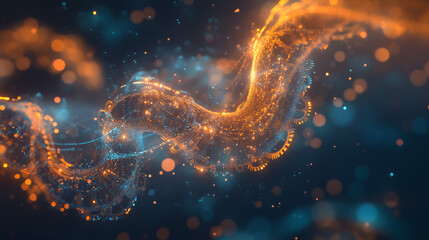 Poster - Cosmic Dance of Light: Abstract swirling particles of light in shades of orange and blue create a mesmerizing cosmic scene, evoking feelings of wonder and mystery.