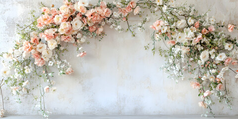 Sticker - Floral Wall Backdrop: Delicate peach and white roses and blossoms create a romantic and elegant floral arch against a textured grey wall, perfect for weddings, events, or product photography. 