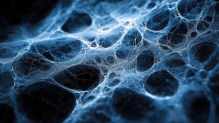 Intricate Spiderweb Macro: A Blue Night's Mystery.  Close-up view of a spider's silk, creating an abstract and textured design. Perfect for Halloween or gothic themes.