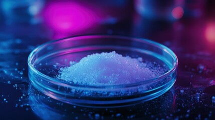 Vibrant Crystal Powder in Petri Dish Under Neon Light