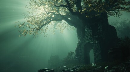 Wall Mural - Mystical, ancient ruins shrouded in fog, sunlight beams through a large tree's branches illuminating a stone archway.