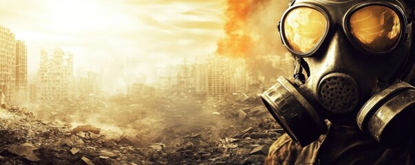 post-apocalyptic cityscape with person in gas mask standing on rocky ground under bright sun, evokin